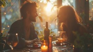 Romantic couple enjoying a candlelit dinner