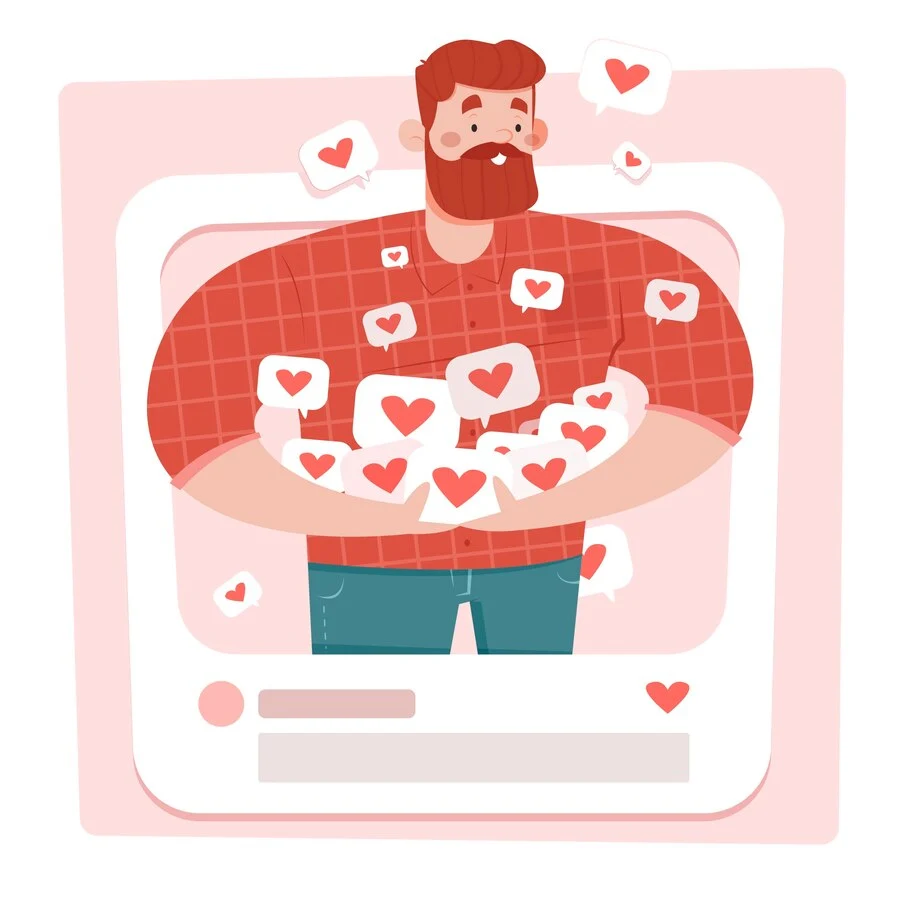 Illustration of a bearded man in a red plaid shirt happily holding a pile of social media 'like' icons with hearts, representing online engagement and popularity